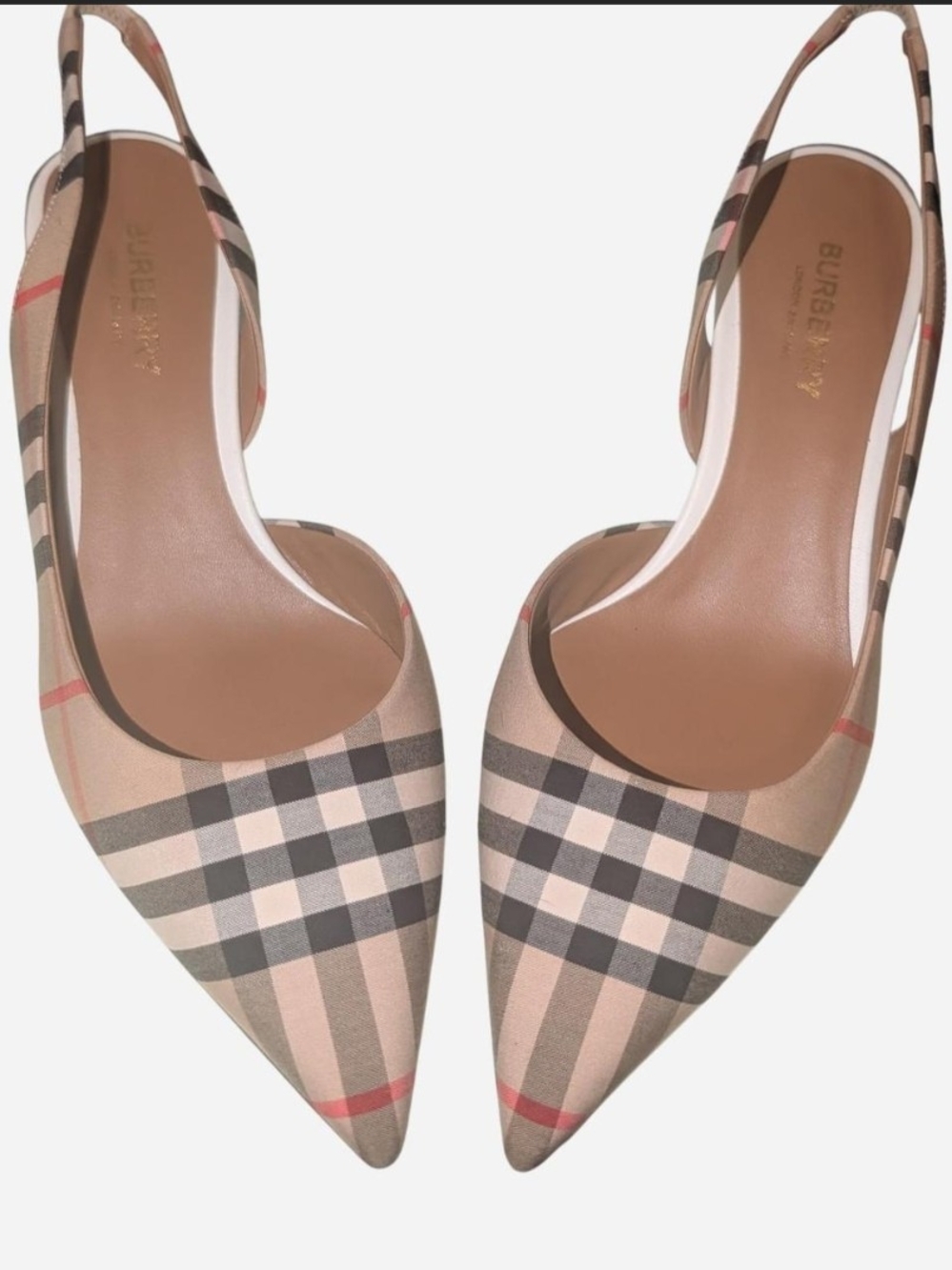 Burberry Beige and Black Check Pointed Slingback Heels with Red Accent